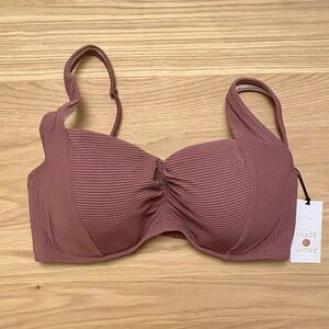 Shade and Shore mauve lightly lined pucker ribbed bikini top, size 34DD - NWT